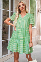 Green Striped V Neck Frill Tiered Mini Dress Short Dresses c8fc3ebdce15be38