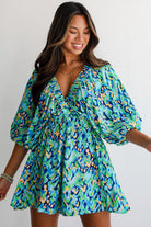 Green Abstract Print Batwing Sleeve V Neck High Waist Romper Rompers c92f075e48878043