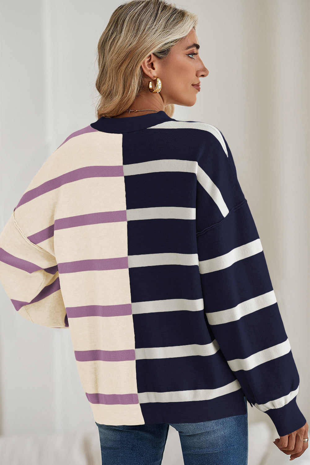 Blue Stripe Exposed Seam Patchwork Loose Sweater Sweaters c93b1368c276a3d4