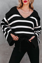 Black Caped V Neck Slit Sleeve Striped Sweater Sweaters c94c53ffceb96cec