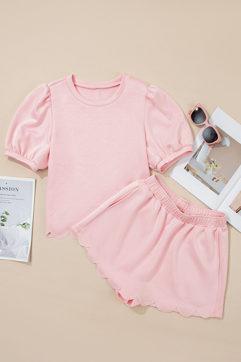 Beau Blue Puff Sleeve Pearl Embellished Scallop Hem 2-Piece Shorts Set Two Piece Shorts Sets c952359fb6e77644