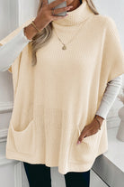 Jet Stream Plain Knit Casual Turtleneck Short Sleeve Tunic Sweater with Pockets Sweaters c96ed71b86e90673