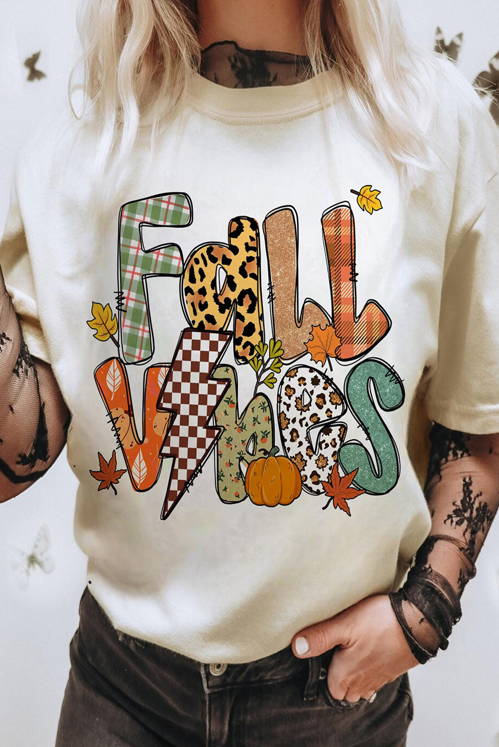 White FALL VIBES Cotton Blend Heat Transfer Printing Casual T Shirt Graphic Tees c9713e5eb42fa100