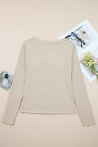 Beige Lace Neckline Button Decor Lettuce Edge Long Sleeve Ribbed Top Long Sleeve Tops c992061a45130e7f