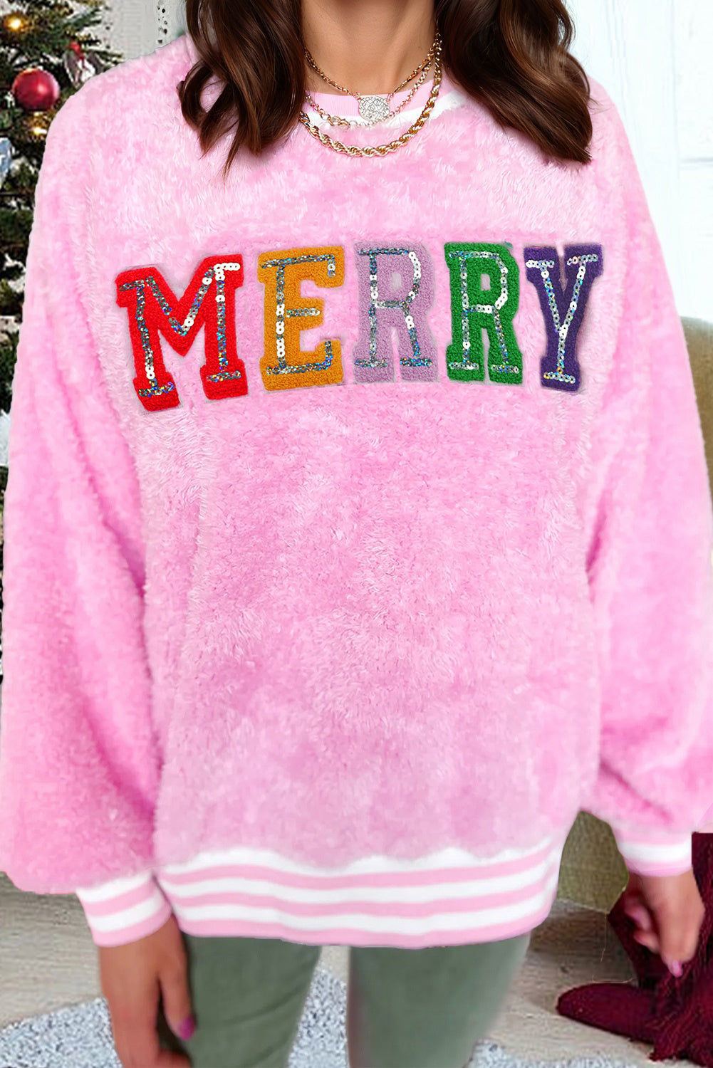 Sachet Pink Merry Letter Pattern Plush Pullover Long Sleeve Tops c9990b6580518d4d