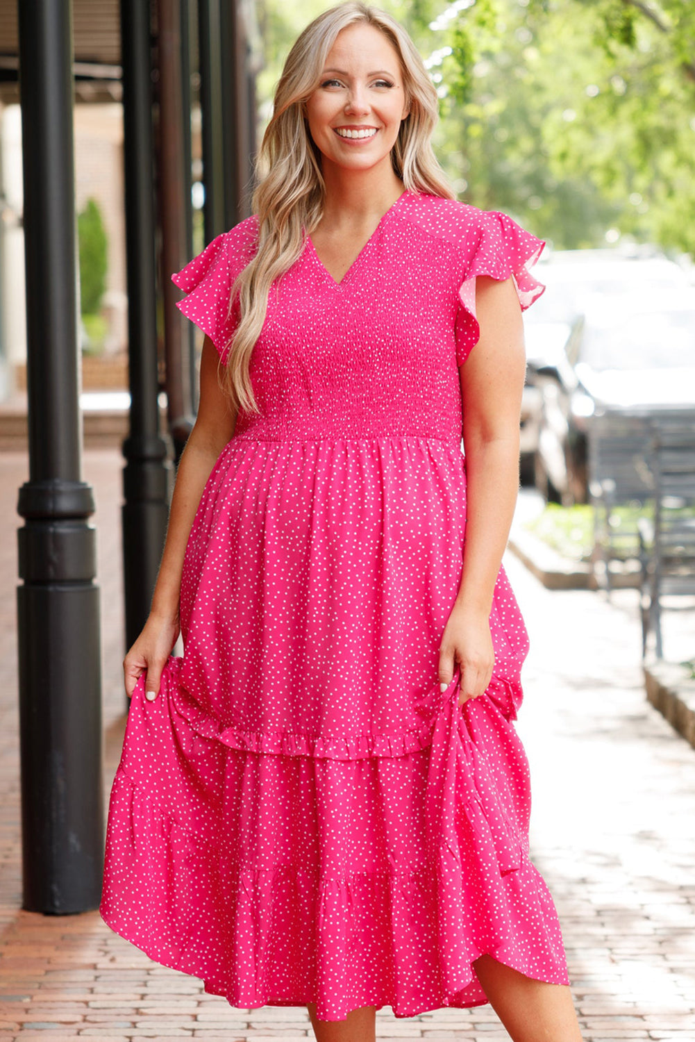 Rose Polka Dot Print Ruffle Smocked High Waist Plus Midi Dress Plus Size Dresses c9b4f6de667ed0cb