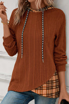 Chestnut Plaid Patchwork Ribbed Knit Drawstring Hooded Top Long Sleeve Tops c9bbb0a73d6309fa