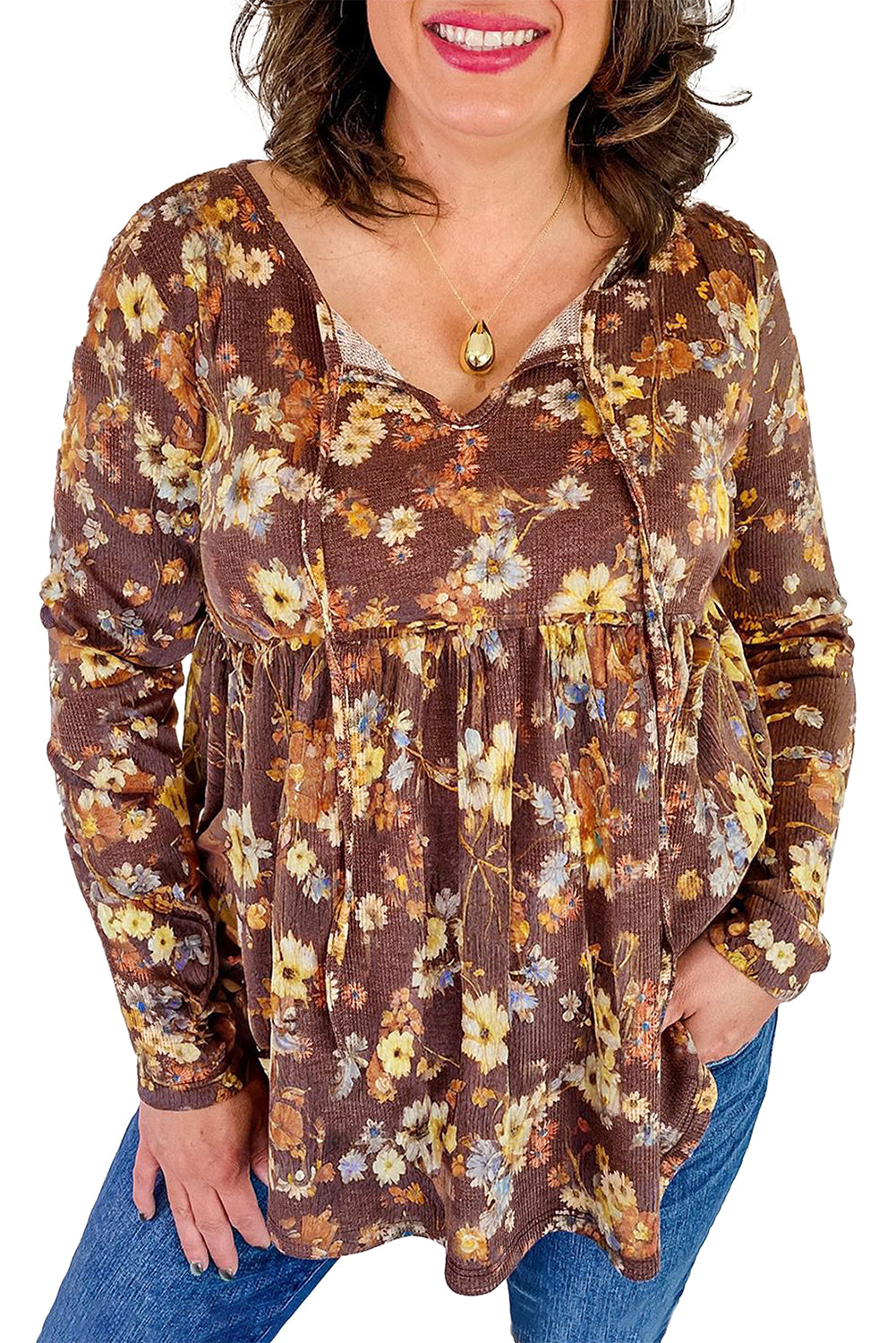 Khaki Floral Textured Long Sleeve Tie Neck Plus Size Babydoll Blouse Plus Size Tops c9be89d90a2a5e9b