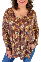 Khaki Floral Textured Long Sleeve Tie Neck Plus Size Babydoll Blouse Plus Size Tops c9be89d90a2a5e9b