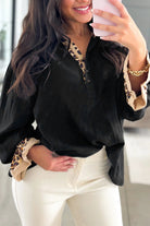 Black Leopard Contrast V Neck Long Sleeve Blouse Blouses c9cbcd92768a54d0
