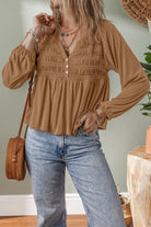 Cinnamon Smocked Bust Buttoned Split V Neck Flowy Blouse Blouses c9e2756bca569356