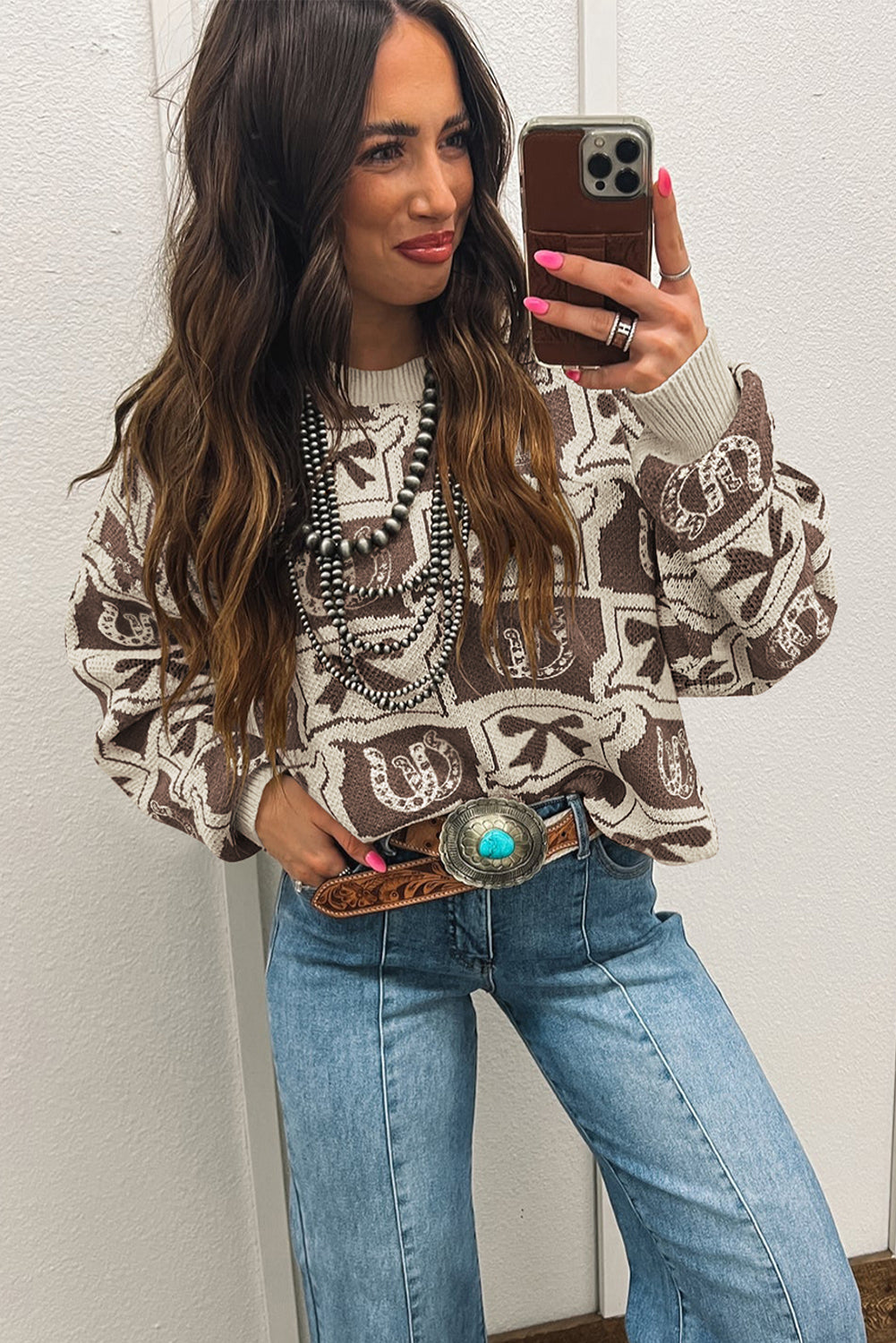 Brown Colorblock Bow Pattern Drop Sleeve Sweater Sweaters ca174649881d7957