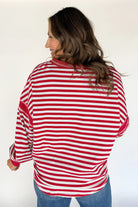 Red Striped Balloon Sleeve V Neck Blouse Long Sleeve Tops ca1ee1b56c6415e1