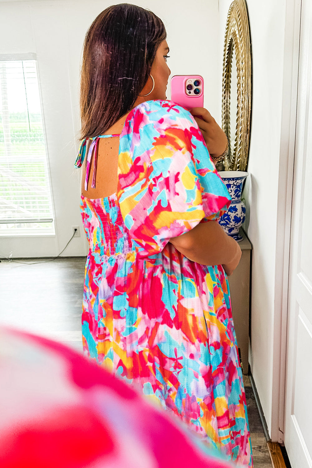 Rose Abstract Print Puff Sleeve Backless Smocked Plus Size Dress Plus Size Dresses ca7853e1b029f14d