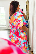 Rose Abstract Print Puff Sleeve Backless Smocked Plus Size Dress Plus Size Dresses ca7853e1b029f14d