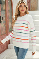 Black Colorful Striped Ribbed Trim Round Neck Sweater Sweaters caaae07279bec19b