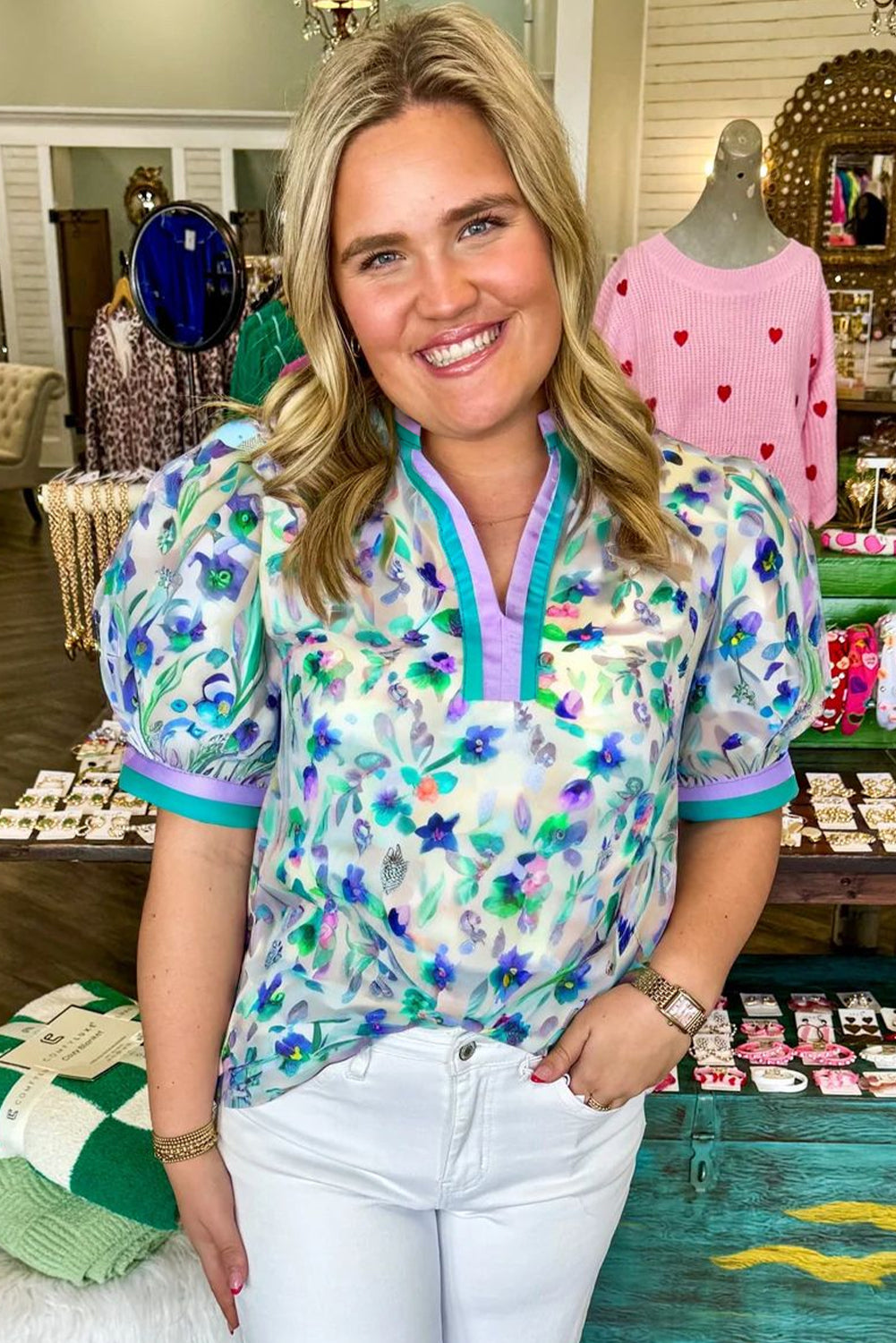 Green Floral Print Pop of Color Split Neck Puff Sleeve Plus Size Blouse Plus Size Tops cab159e556de8afb