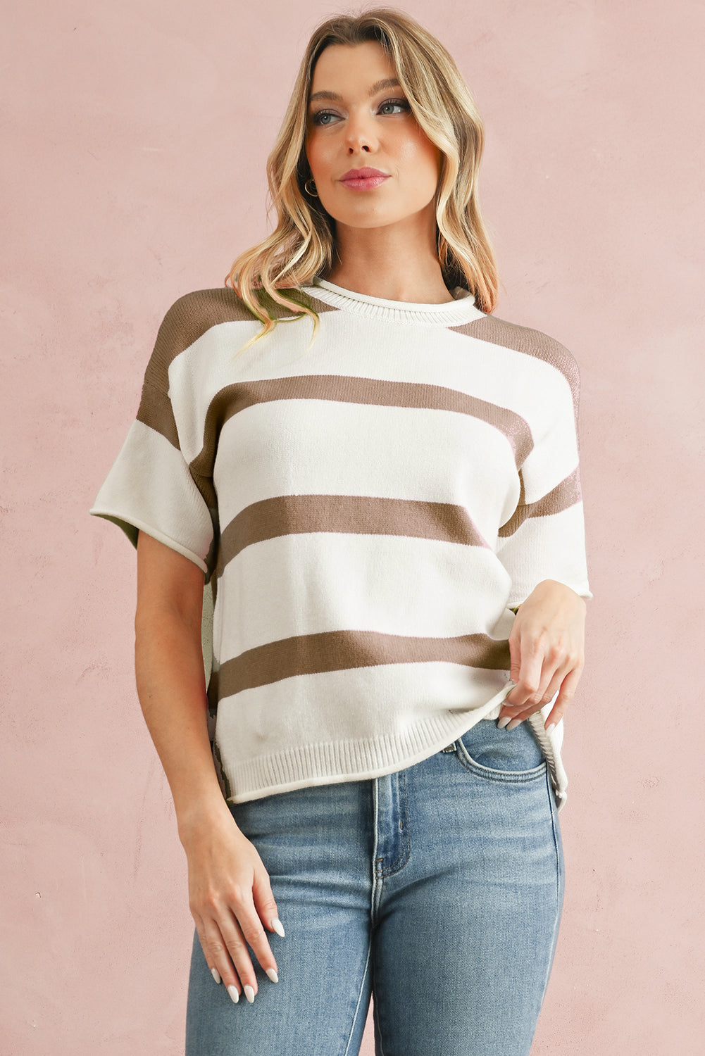 Khaki Striped Drop Shoulder Knitted Top Knit Tops cad593f20e63c0cc