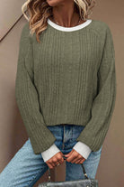 Moss Green Rib Texture Contrast Trim Round Neck Long Sleeve Top T Shirts cae948ecfc745364