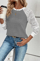 Black Stripe Textured Knit Patchwork Hollowed Lace Sleeve Top Long Sleeve Tops caf3b751536f4e2e