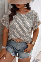 Khaki Geometric Print Frill Tulip Sleeve Plus Size Blouse Plus Size Tops cb1089588a139715