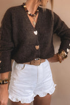 Chicory Coffee V Neck Metallic Heart Button Knit Cardigan Cardigans cb1cc469caf2eec6