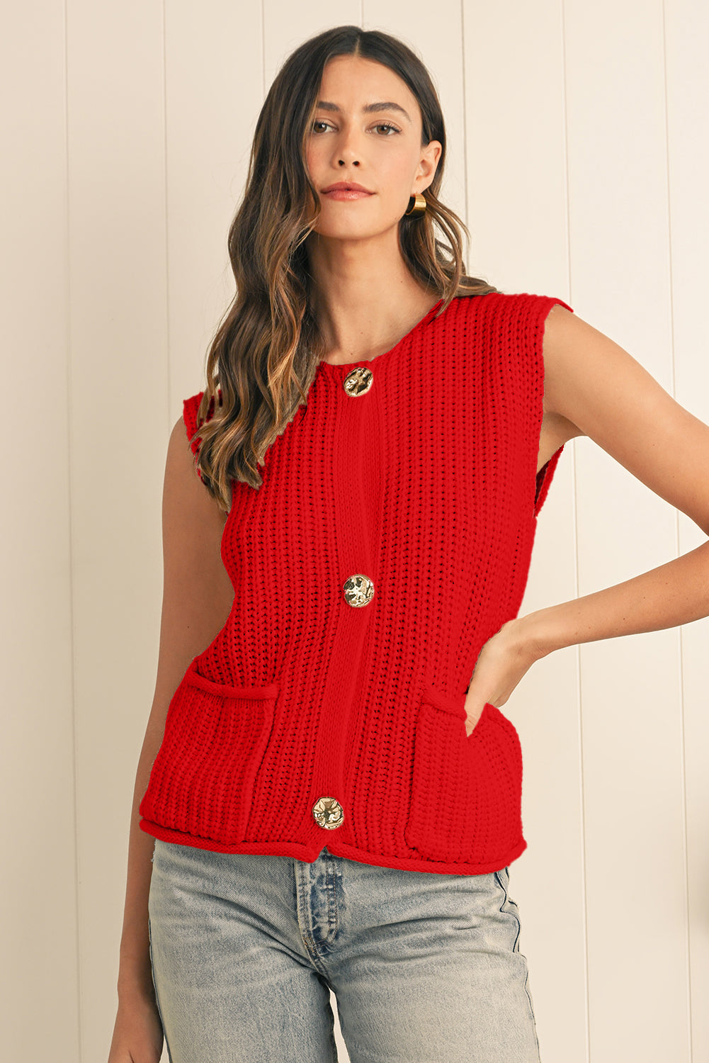 Fiery Red Solid Textured Knit Side Pockets Buttoned Sweater Vest Cardigans cb1f033d80bd1911