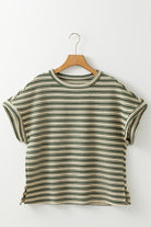 Green Stripe Textured Side Slit Crew Neck T Shirt T Shirts cb24f1f712872a5e