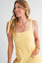 Yellow Stripe Tie Strap Smocked Back Wide Leg Romper Rompers cb5b3f650b5a5db5
