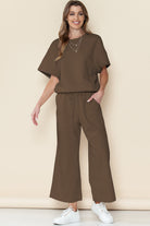 Red Dahlia Textured Loose Fit T Shirt & Drawstring Pants Set Two Piece Pants Sets cb605613af21152e