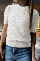 White Fish Scale Textured Knit Ribbed High Neck Short Sleeve Sweater Sweaters cb64338cc9e96f5a
