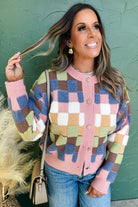 Multicolour Checkered Pattern Button Front Knit Cardigan Cardigans cb7e5d4bd940bd36