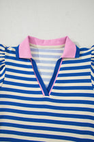 Dark Blue Striped Ruffle Short Sleeve Pop of Color Neckline Dress Short Dresses cbc4394029cacd66