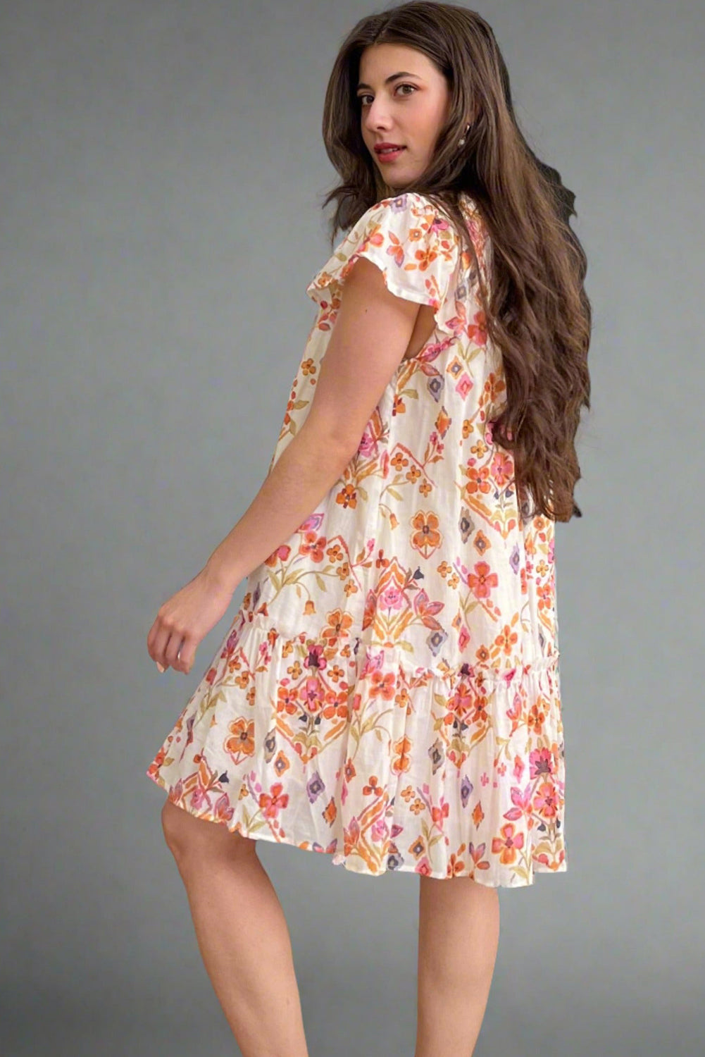 Apricot Floral Print Ruffled Trim Flutter Sleeve Mini Dress Short Dresses cbcb8eb2a30acdcf