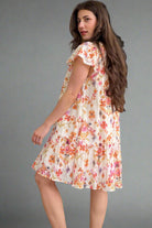 Apricot Floral Print Ruffled Trim Flutter Sleeve Mini Dress Short Dresses cbcb8eb2a30acdcf