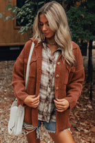 Medium Grey Ribbed Knit Buttons Front Flap Pocket Casual Shacket Jackets cbd2cb2c4ddb9aa2