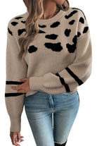 Khaki Leopard Striped Detail Drop Shoulder Sweater Sweaters cbff4103f10d5347