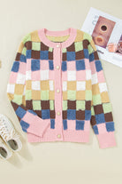 Multicolour Checkered Pattern Button Front Knit Cardigan Cardigans cc2fa4efce5d58df