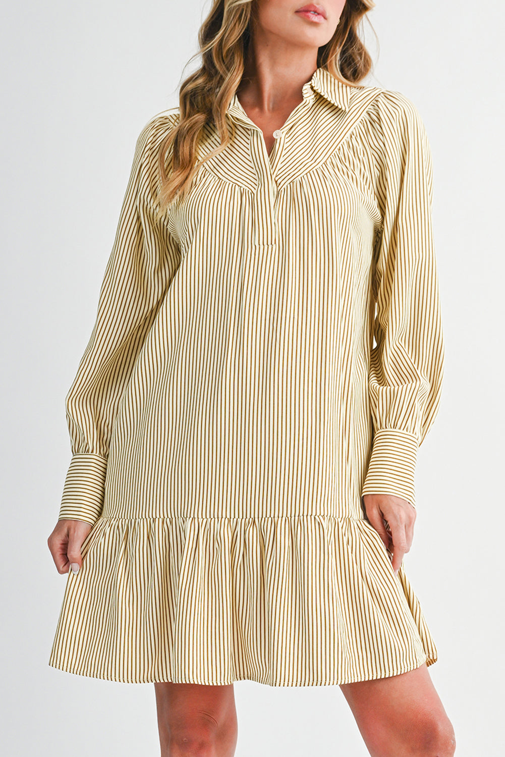 Brown Striped Shirt Collar Ruffle Hem Long Sleeve Dress Short Dresses cc4ba137dc267e8f