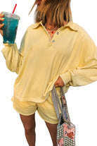 Yellow Cream Button Collar Drop Shoulder Pullover and Shorts Set Two Piece Shorts Sets cc4f5db3615e6b97