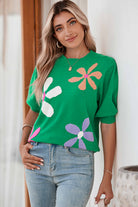 Bright Green 60s Floral Bubble Short Sleeve Knitted Top Knit Tops cc6550de01cbaf57