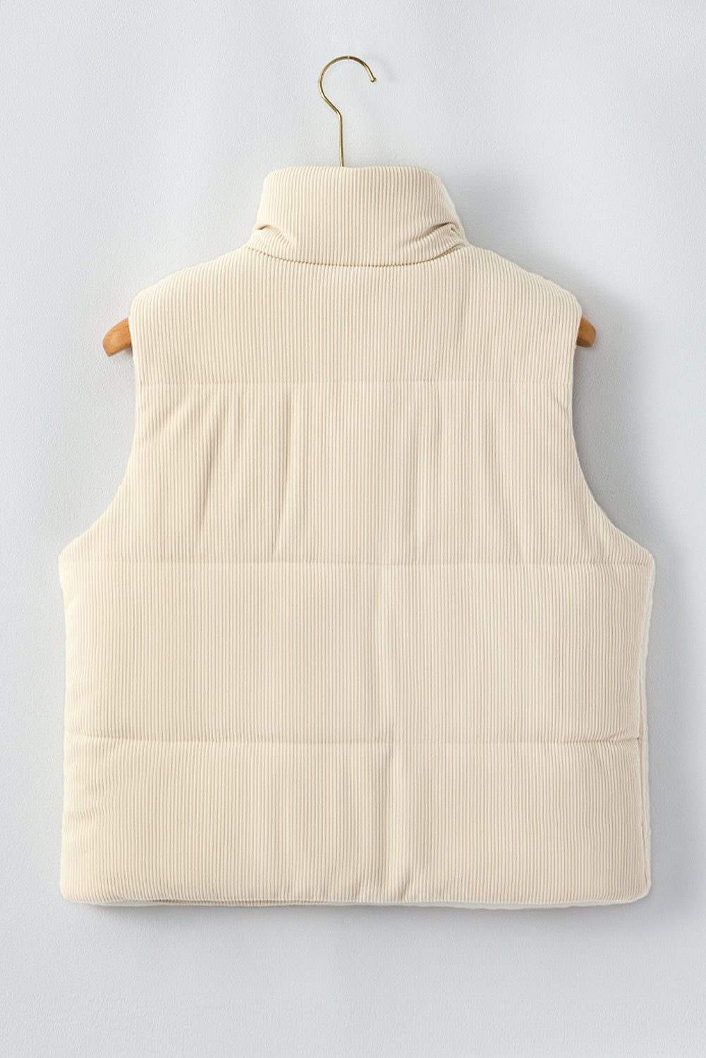 Beige Corduroy Stand Neck Zipped Puffer Vest Vests ccb48d3e33936bed