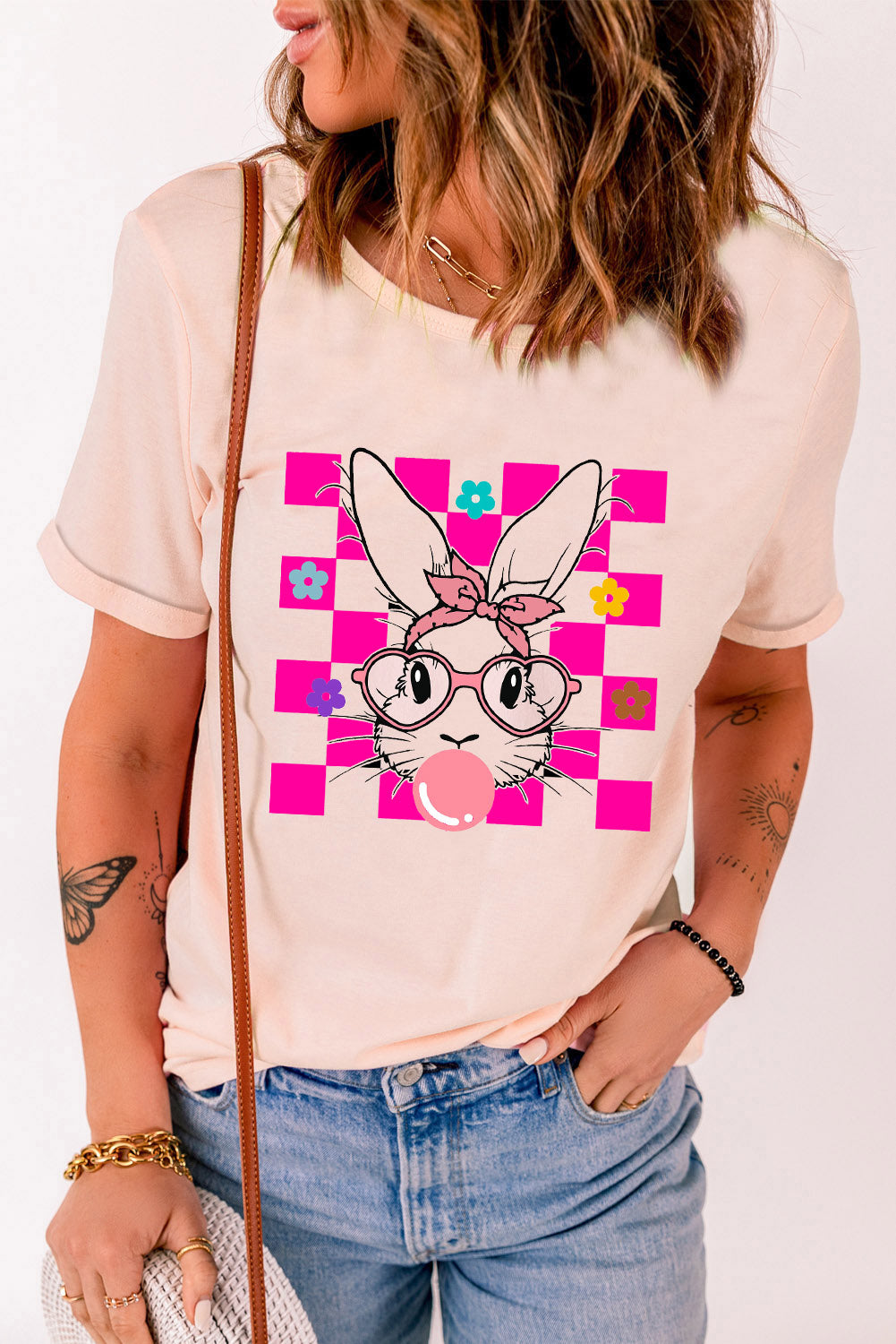 Pink Easter Rabbit Checkered Flower Graphic O Neck T Shirt Graphic Tees ccb4cbb849f0333f