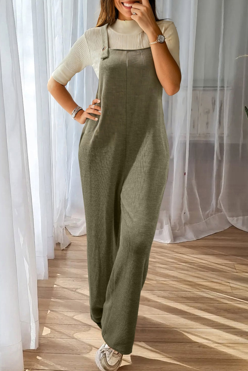 Laurel Green Solid Color Knit Loose Straight Leg Casual Overall Jumpsuit Jumpsuits ccc88f1b34d463e3
