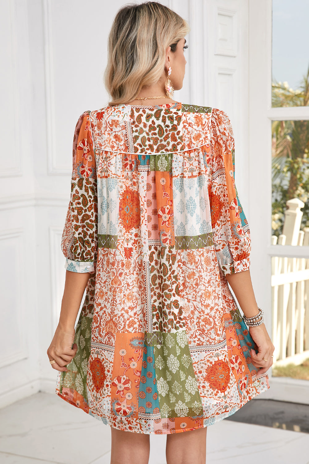 Orange Boho Paisley Mixed Print 3/4 Sleeve Chiffon Loose Dress Short Dresses cccfee391a600c73