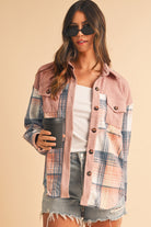 Light Pink Plaid Corduroy Patchwork Pocket Loose Shacket Jackets ccd0e9d03241834d