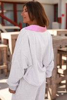 Light Grey Stripe Patchwork Loose Long Sleeve Top Drawstring Waist Pants Set Two Piece Pants Sets ccf5a18b014a0cf4