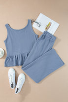 Duffel Green Solid Color Ribbed Ruffle Tank Top and Pants Set Two Piece Pants Sets cd2808ce380ce7d4