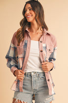Light Pink Plaid Corduroy Patchwork Pocket Loose Shacket Jackets cd2f48ee25ce2243