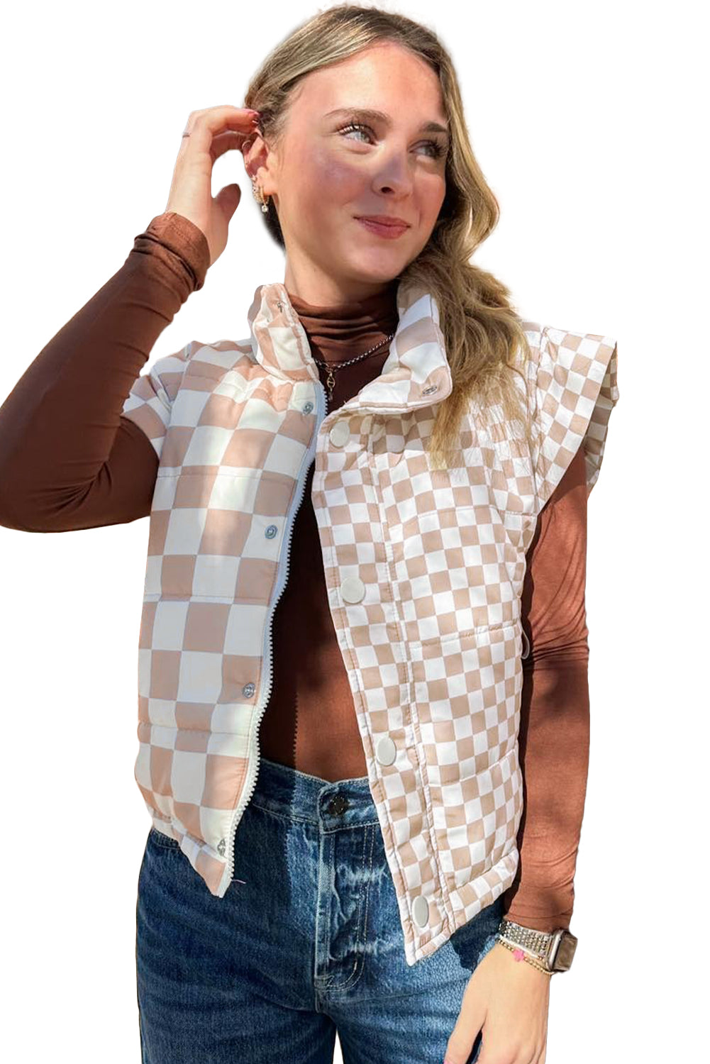 Khaki Plaid Stand Neck Button Down Vest Coats cd4eae5c1238d560